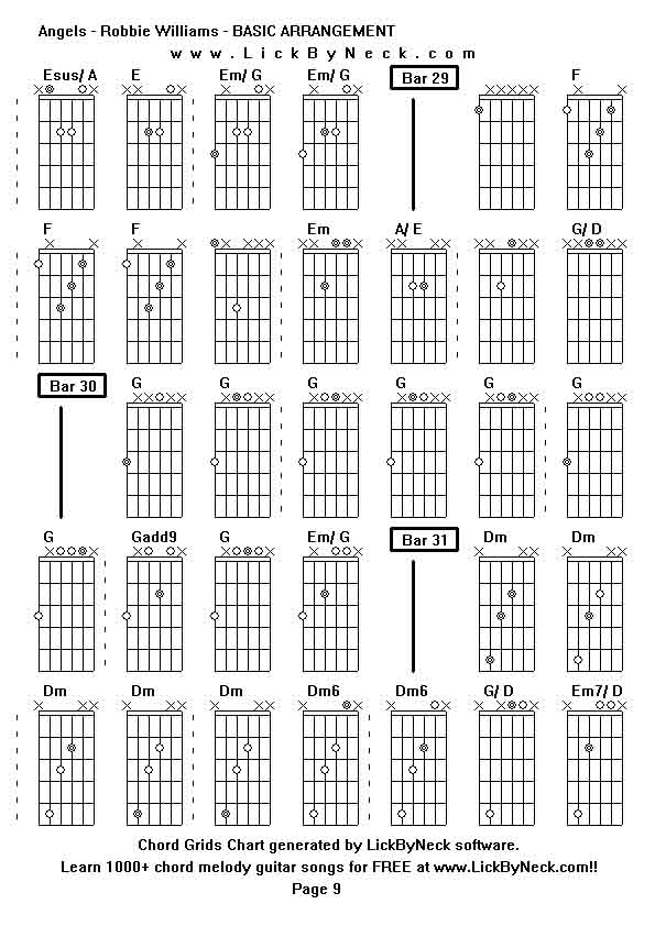 Chord Grids Chart of chord melody fingerstyle guitar song-Angels - Robbie Williams - BASIC ARRANGEMENT,generated by LickByNeck software.